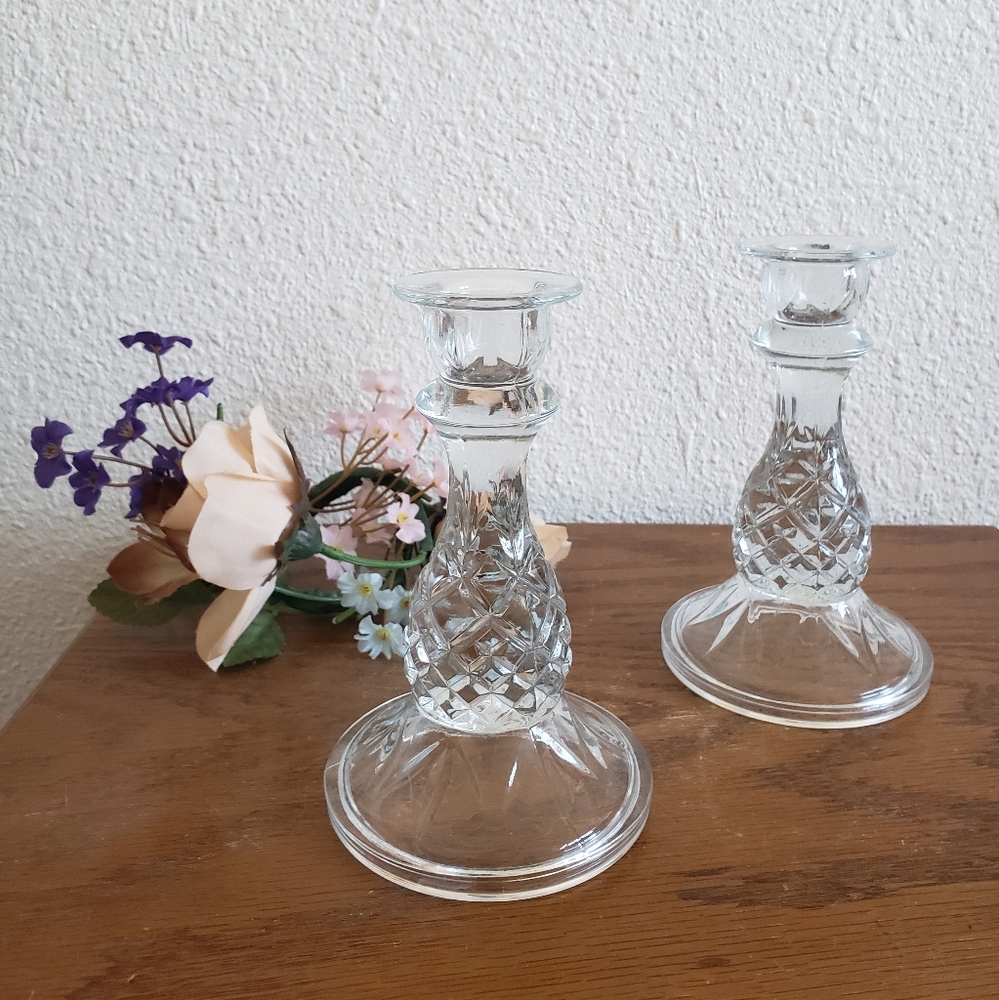Pair of Crystal Pineapple Cambridge  Candle Stick Holders Home Interiors